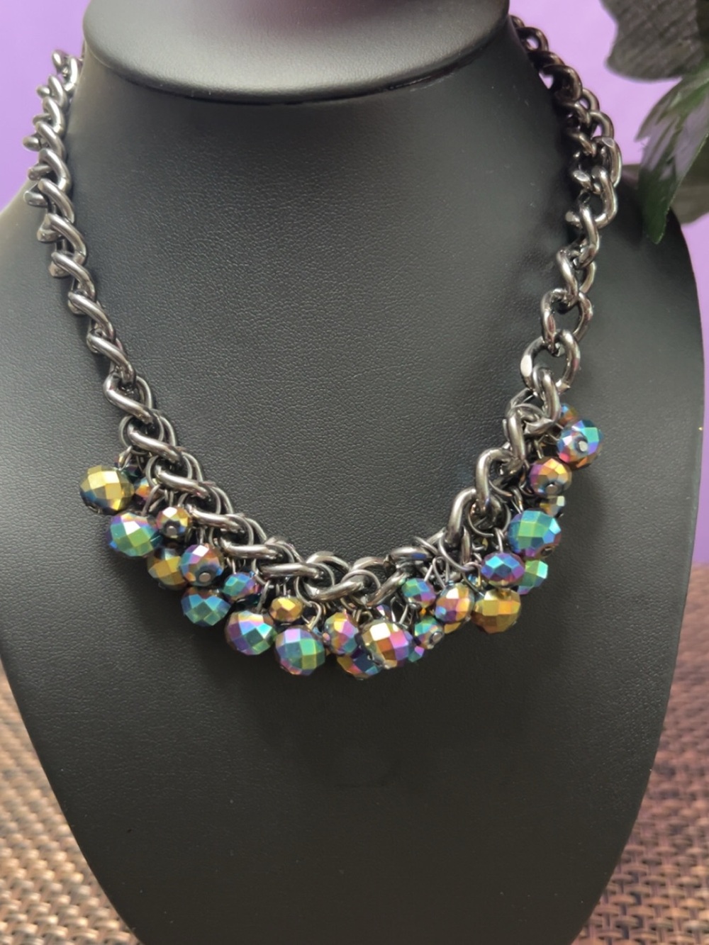 Gunmetal Multi-Color Faceted Bead Statement Necklace